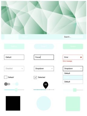 Hafif mavi vektör UI kiti poligonal tarzı. Basit malzeme tasarım kiti ile üçgen renkli mozaik. Açılış sayfanız için modern şablon.