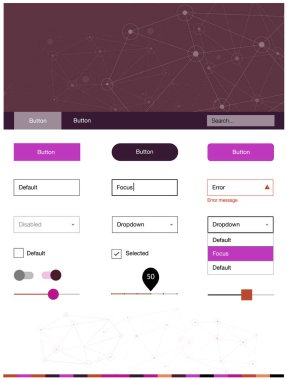 Koyu pembe, sarı stil rehberi üçgen, daire ile vektör. Renkli üçgen, daire basit malzeme tasarım kiti. Web siteleri için basit renkli tasarım.
