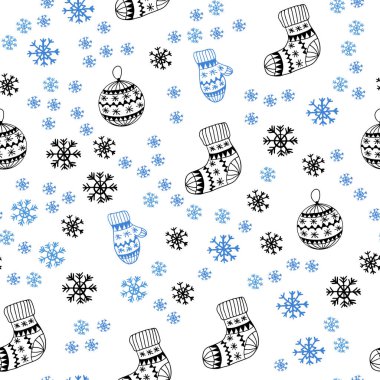 Güzel kar taneleri, toplar, çorap, eldiven ile mavi vektör sorunsuz kapak açık. Renkli resimde xmas sembolleri ile. Desen tasarım kumaş, duvar kağıtları.