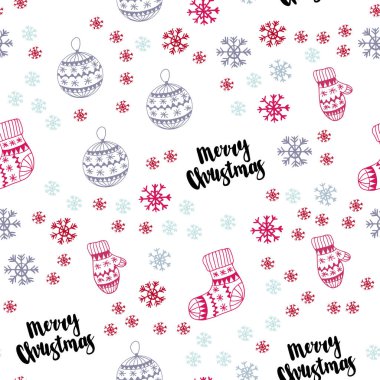 Açık mavi, kırmızı vektör güzel kar taneleri, toplar, çorap, eldiven ile sorunsuz kapak. Xmas tarzı renkli dekoratif tasarım. Tekstil, kumaş, duvar kağıtları için tasarım.