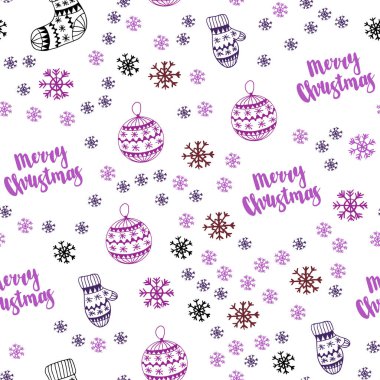 Hafif pembe vektör parlak kar taneleri, toplar, çorap, eldiven ile sorunsuz düzeni. Renkli resimde xmas sembolleri ile. Desen tasarım kumaş, duvar kağıtları.
