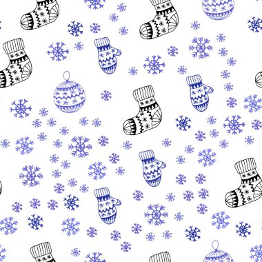 Hafif mor vektör parlak kar taneleri, toplar, çorap, eldiven ile sorunsuz düzeni. Gradyan ile renkli xmas öğeleri. Doku pencere panjur, perdeler için.