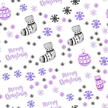 Hafif pembe, mavi vektör sorunsuz arka plan xmas kar taneleri, toplar, çorap, eldiven ile. Renkli resimde xmas sembolleri ile. Doku pencere panjur, perdeler için.