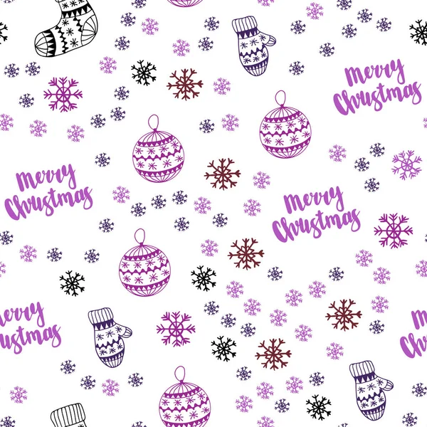 Hafif pembe vektör parlak kar taneleri, toplar, çorap, eldiven ile sorunsuz düzeni. Renkli resimde xmas sembolleri ile. Desen tasarım kumaş, duvar kağıtları.