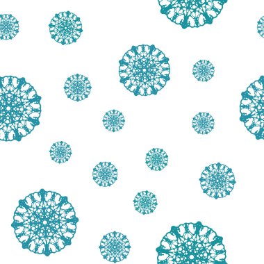 Açık mavi, yeşil vektör sorunsuz arka plan xmas kar taneleri ile. Kristalleri ile glitter soyut Illustration buz. Duvar kağıdı, kumaş üreticileri için modaya uygun bir tasarım.