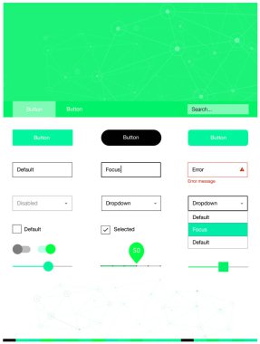 Işık yeşil vektör UI kiti poligonal tarzı daireler ile. Üçgen, daire ile poligonal stilinde stil rehberi. Web siteleri için basit renkli tasarım.