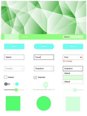 Işık yeşil vektör UI ux kiti üçgen tarzı. Basit malzeme tasarım kiti ile üçgen renkli mozaik. Açılış sayfanız için modern şablon.