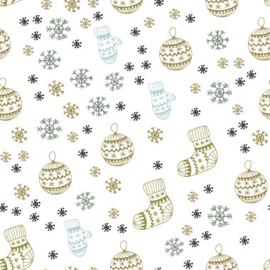 Açık mavi, parlak kar taneleri, toplar, çorap, eldiven ile vektör sorunsuz düzen sarı. Glitter soyut illüstrasyon gradyan ile. Desen için modaya uygun Kumaş, duvar kağıtları.