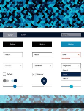 Koyu mavi vektör tasarım UI kiti noktalı. Renkli UI/ux kiti ile üstbilgi küreler oluşuyordu. Sen-ebilmek kullanma için açılış sayfaları bu şablonu.
