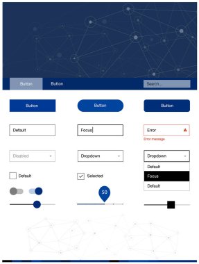 Koyu mavi vektör web UI kiti poligonal tarzı daireler ile. UI takımı tasarım renkli kristaller, soyut tarzda daireler. Açılış sayfanız için modern şablon.