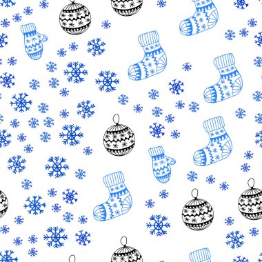 Xmas kar taneleri, toplar, çorap, eldiven ile mavi vektör sorunsuz arka ışık. Renkli resimde xmas sembolleri ile. Doku pencere panjur, perdeler için.