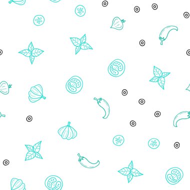 Işık yeşil vektör organik yemek ile sorunsuz şablonu. Glitter gurme gıda ile soyut kroki. Desen reklamlar Kahvaltı, Öğle Yemeği, akşam yemeği için.