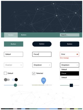 Açık mavi, sarı vektör tasarım UI kiti mozaik, daireler ile. Üçgen, daire arka plan üzerinde Stil Kılavuzu. Sen-ebilmek kullanma için açılış sayfaları bu şablonu.