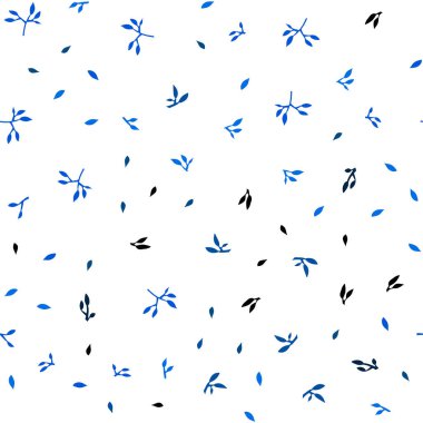 Açık mavi vektörlü, yapraklı, pürüzsüz doğal fon. Bulanık arka planda yaprakları olan eskiz karalamalar. Kartvizitler, web siteleri için şablon.