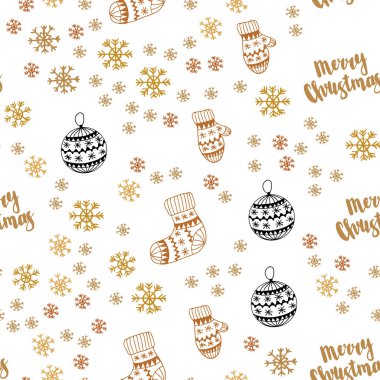 Işık turuncu vektör Noel kar taneleri, toplar, çorap, eldiven ile seamless modeli. Renkli resimde xmas sembolleri ile. Tasarım için duvar kağıdı, kumaş üreticileri.