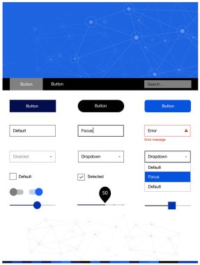 Koyu mavi vektör stil Rehberi ile üçgenler, daireler. Web Kullanıcı arabirimi kiti ile soyut üçgenler, başlığını çevrelerde. Web siteleri, açılış sayfaları için güzel düzeni.