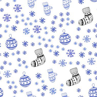 Açık mavi, kırmızı renkli kar taneleri, toplar, çorap, eldiven ile sorunsuz doku vektör. Gradyan ile renkli xmas öğeleri. Doku pencere panjur, perdeler için.
