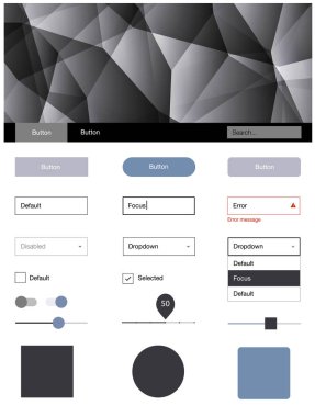 Hafif mor vektör UI ux kiti üçgen tarzı. Arka plan üzerinde renkli stil rehberi üçgenler ile. Web siteleri, açılış sayfaları için güzel düzeni.