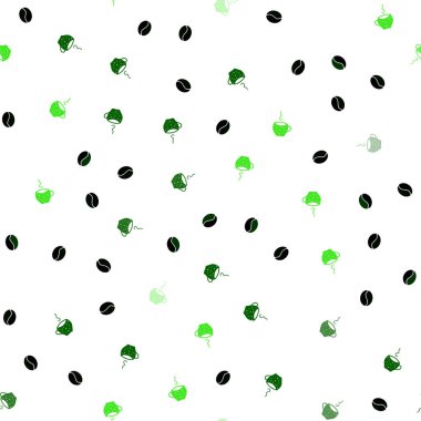 Işık yeşil vektör kahve çekirdekleri kümesiyle sorunsuz kapak. Kahve bardakları ve fasulye degrade soyut topluluğu. Desen reklamlar Kahvaltı, Öğle Yemeği, akşam yemeği için.