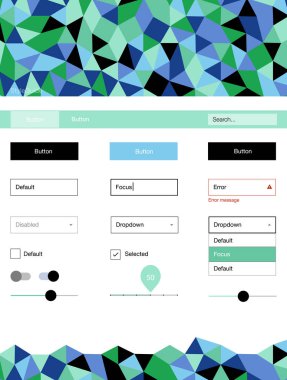 Açık mavi, yeşil üçgenler ile vektör stil rehberi. UI Ux kiti başlığını poligonal renkli arka plan ile. Bu web siteleri için kullanabileceğiniz şablon.