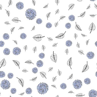 Koyu pembe, mavi yapraklar, çiçekler ile sorunsuz doodle arka plan vektör. Yaprak ve çiçek ile yeni renkli resimde. Desen tasarım pencere panjur, perdeler.