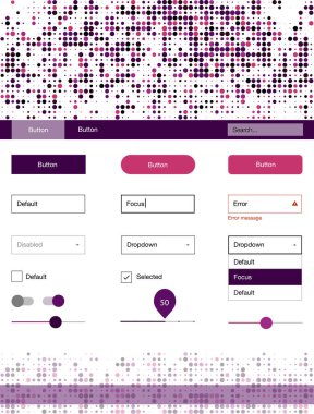 Koyu mor, pembe malzeme tasarım kiti noktalar ile vektör. Renkli UI/ux kiti ile üstbilgi küreler oluşuyordu. Bu web siteleri için kullanabileceğiniz şablon.