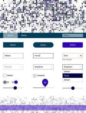 Koyu mavi, yeşil küre ile web UI kit vektör. Arka plan üzerinde renkli stil rehberi daireler ile. Açılış sayfanız için modern şablon.