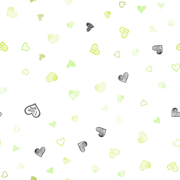 Verde Claro Vector Amarillo Textura Sin Costuras Con Corazones Encantadores — Archivo Imágenes Vectoriales