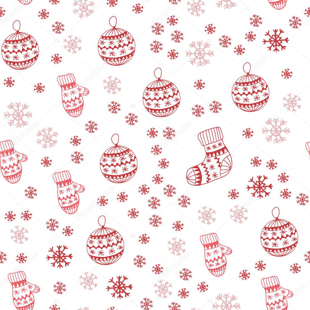 Light Red vector seamless template with ice snowflakes, balls, socks, mittens. Colorful xmas elements with gradient. Texture for window blinds, curtains.