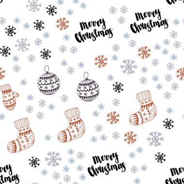 Açık mavi, kırmızı vektör sorunsuz şablonuyla buz kar taneleri, toplar, çorap, mittens. Modern geometrik soyut resim. Tasarım için duvar kağıdı, kumaş üreticileri.