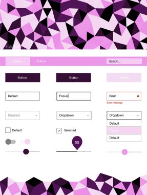 Işık mor, pembe vektör tasarım UI kiti ile mozaik. Arka plan üzerinde renkli stil rehberi üçgenler ile. Açılış sayfanız için modern şablon.
