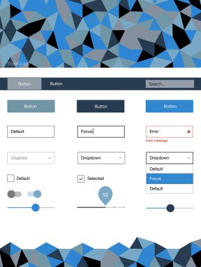 Hafif mavi vektör UI ux kiti üçgen tarzı. Üçgenler ile poligonal tarzında modern stil rehberi. Web siteleri, açılış sayfaları için güzel düzeni.