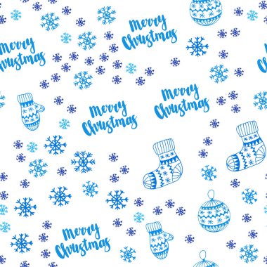Güzel kar taneleri, toplar, çorap, eldiven ile mavi vektör sorunsuz kapak açık. Modern geometrik soyut resim. Desen için modaya uygun Kumaş, duvar kağıtları.