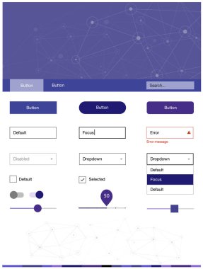 Koyu mor vektör web UI kiti poligonal tarzı daireler ile. Web Kullanıcı arabirimi kiti ile soyut üçgenler, başlığını çevrelerde. Web siteleri, açılış sayfaları için güzel düzeni.