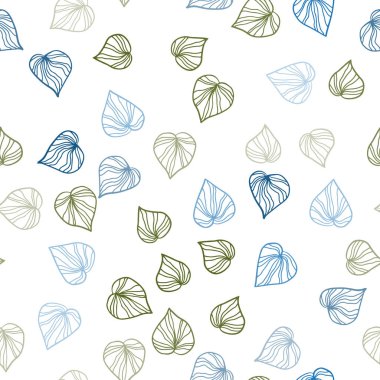 Açık mavi, yeşil vektör sorunsuz doodle arka plan yaprakları ile. Parlayan illüstrasyon karalama stilinde yaprakları ile renkli. Desen tasarım pencere panjur, perdeler.