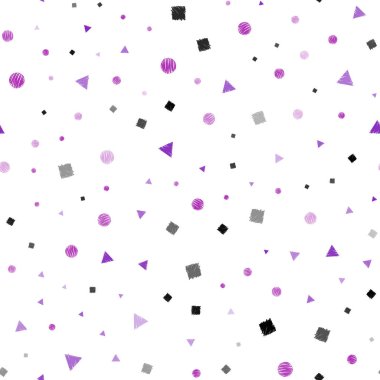 Mor ışık, daireler, çizgiler, dikdörtgenler vektör sorunsuz düzeniyle pembe. Soyut illüstrasyon renkli noktalar, çizgiler, küpleri ile. Duvar kağıdı, kumaş üreticileri için modaya uygun bir tasarım.
