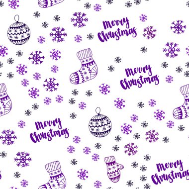 Hafif mor vektör Noel kar taneleri, toplar, çorap, eldiven ile seamless modeli. Modern geometrik soyut resim. Desen için modaya uygun Kumaş, duvar kağıtları.