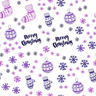 Işık mor, pembe vektör sorunsuz arka plan xmas kar taneleri, toplar, çorap, eldiven ile. Gradyan ile renkli xmas öğeleri. Desen için modaya uygun Kumaş, duvar kağıtları.