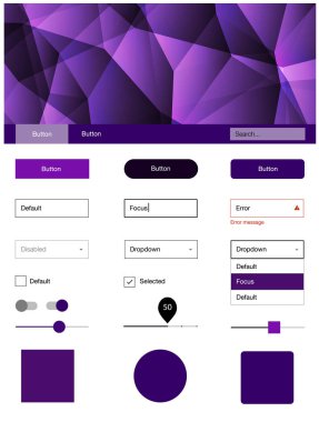 Koyu mor, pembe UI kiti poligonal tarzı vektör. Arka plan üzerinde renkli stil rehberi üçgenler ile. Web siteleri, açılış sayfaları için güzel düzeni.