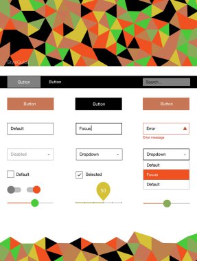 Işık çok renkli vektör web UI kiti poligonal tarzı. Basit malzeme tasarım kiti ile üçgen renkli mozaik. Web siteleri, açılış sayfaları için güzel düzeni.