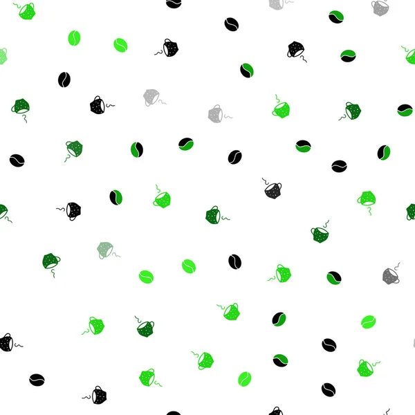 Light Green Vector Seamless Texture Coffee Beans Mugs Gradient Illustration — Stock Vector