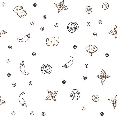 Koyu yeşil, sarı vektör sorunsuz arka plan ile lezzetli yemekler. Resimde dizi doodle tarzı taze yiyecek. Mutfakta yemek yemek için şablon.