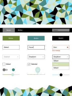 Açık mavi, yeşil vektör web UI kiti poligonal tarzı. Web Kullanıcı arabirimi kiti ile onun üstbilgisindeki soyut degrade üçgenler. Bu örnek için sitesidir.
