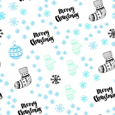Açık mavi, parlak kar taneleri, toplar, çorap, eldiven ile sorunsuz düzen vektör yeşil. Renkli resimde Noel tarzda parlayan. Tasarım için duvar kağıdı, kumaş üreticileri.