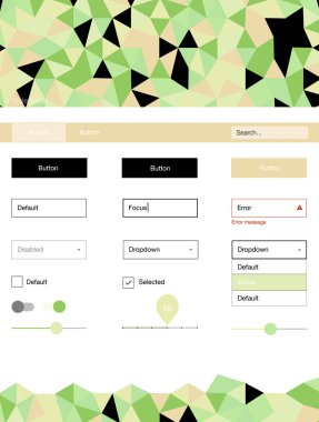 Açık yeşil, kırmızı vektör tasarım UI kiti ile mozaik. Dekoratif UI takımı tasarım renkli kristaller ile soyut tarzda. Sen-ebilmek kullanma için açılış sayfaları bu şablonu.