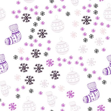 Koyu mor, pembe renkli kar taneleri, toplar, çorap, eldiven ile sorunsuz doku vektör. Renkli resimde Noel tarzda parlayan. Desen tasarım kumaş, duvar kağıtları.