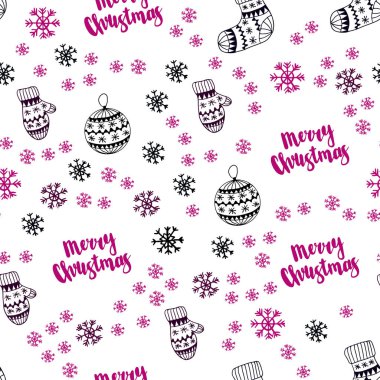 Koyu pembe vektör Noel kar taneleri, toplar, çorap, eldiven ile seamless modeli. Xmas tarzı renkli dekoratif tasarım. Kartvizit, Web siteleri için şablon.