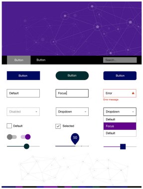 Koyu pembe, mavi malzeme tasarım kiti çizgiler ile daireler vektör. UI Ux kiti başlığını poligonal renkli arka plan ile. Bu web siteleri için kullanabileceğiniz şablon.