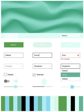 Açık mavi, yeşil vektör tasarım UI kiti eğri daireler ile. Renkli resimde gradyan ile soyut memphis tarzı. Web siteleri, açılış sayfaları için güzel düzeni.