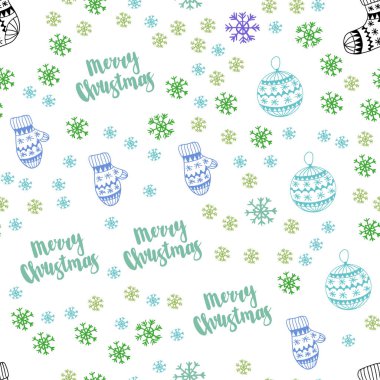 Güzel kar taneleri, toplar, çorap, eldiven ile çok renkli vektör sorunsuz kapak açık. Renkli resimde xmas sembolleri ile. Kartvizit, Web siteleri için şablon.